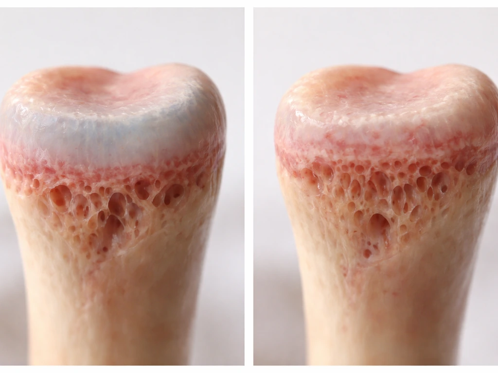 Side-by-side realistic view of an open and closing bone growth plate at the ends of long bones.