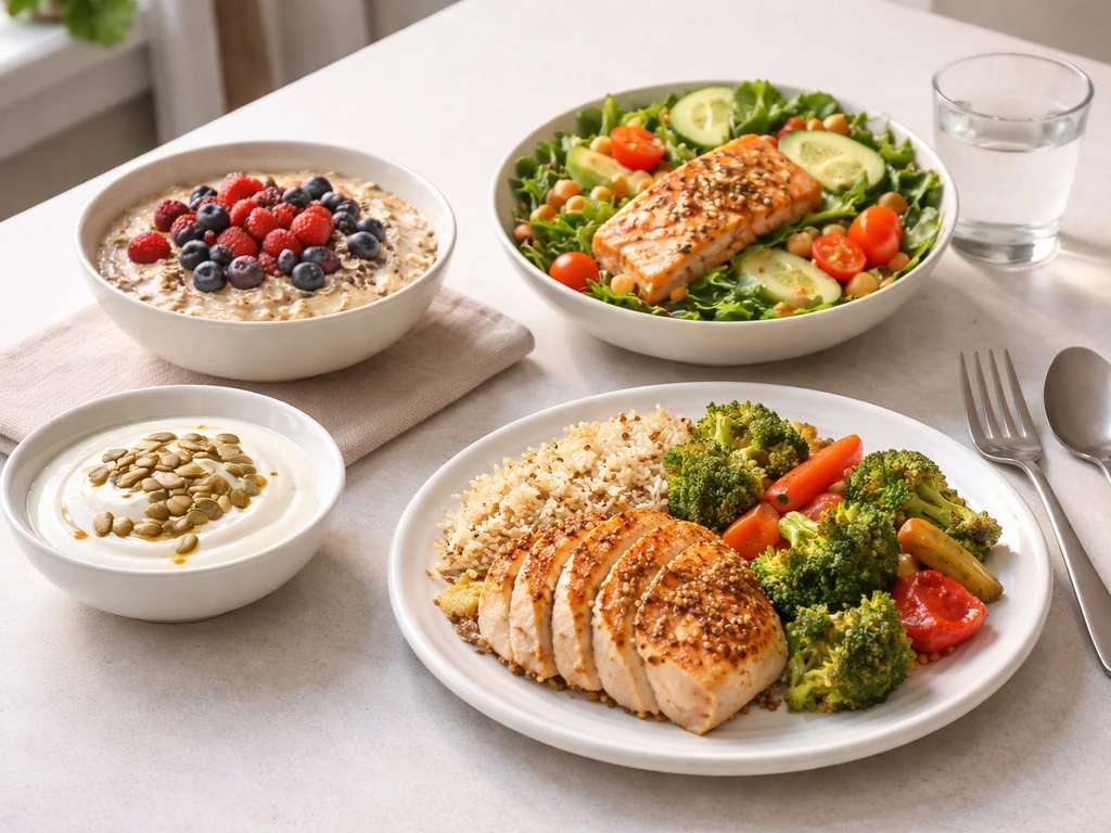 Minimal meal spread with oats, salad, yogurt snack, and rice-and-vegetables dinner on a kitchen table.