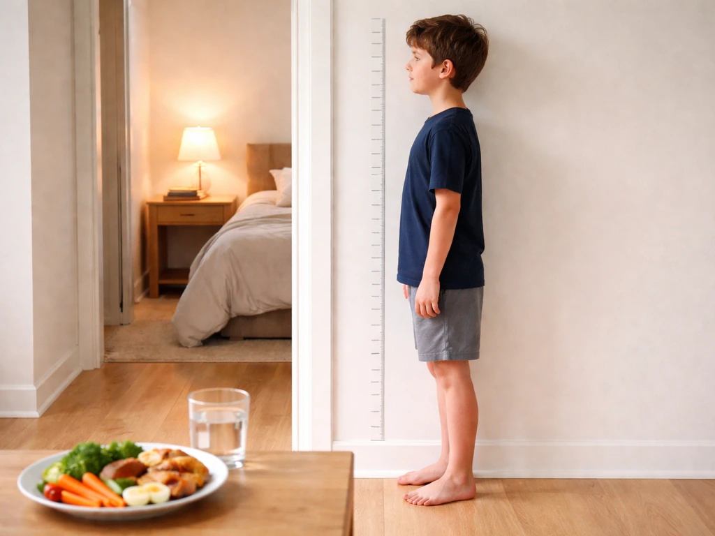 Anonymous child stands by a height chart with a healthy food plate and a warm sleep setup nearby.