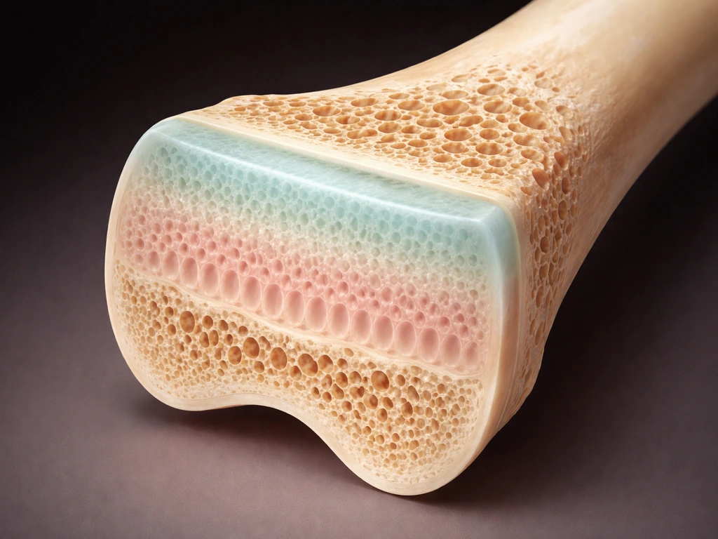 Close-up of a long bone end showing epiphyseal growth plate cartilage zones and surrounding bone structure.