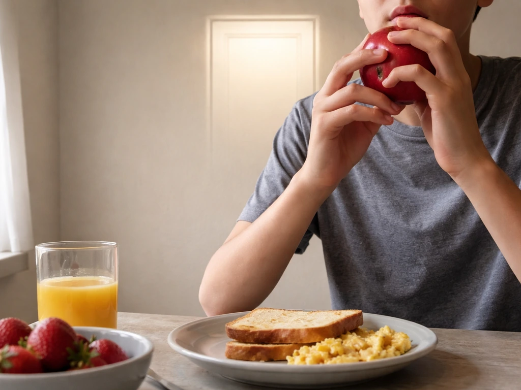 Person eating an apple while a closed growth-plate style barrier blocks upward growth in the background.