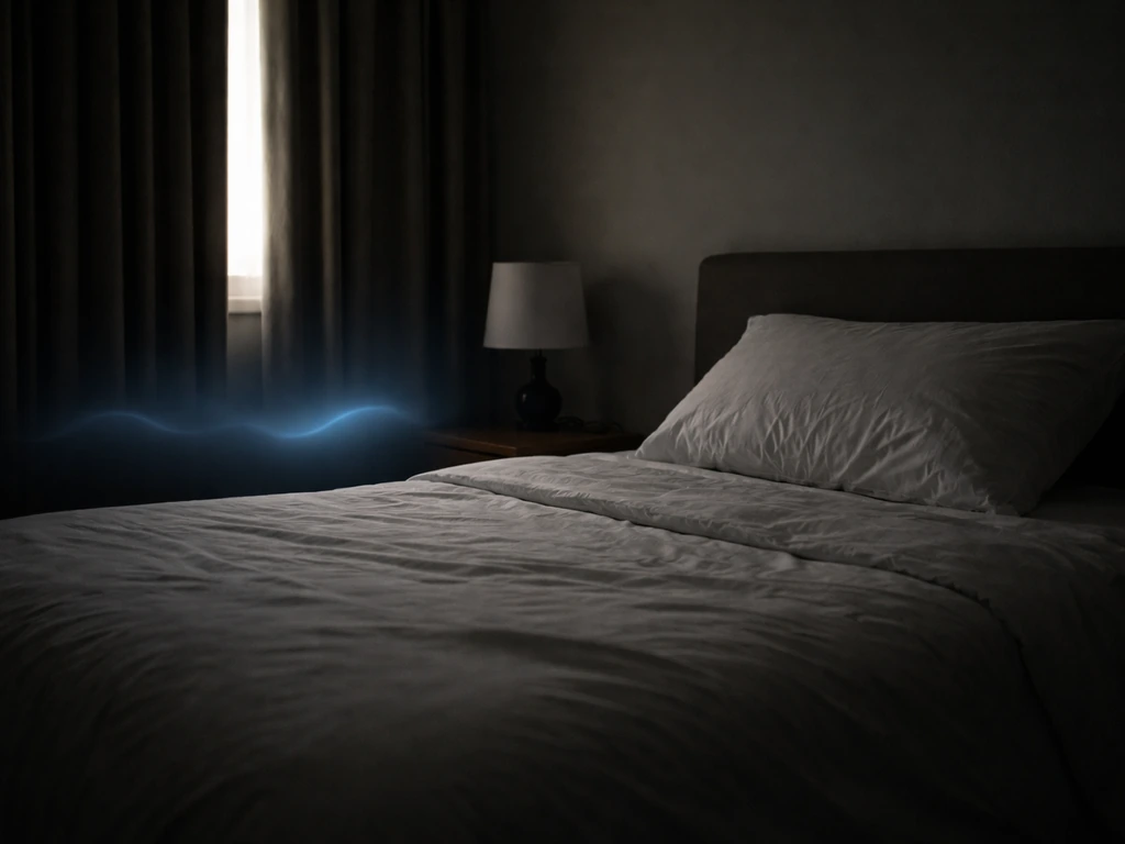 A quiet, dark bedroom at night with a bed setup and soft bedside light, conveying deep sleep.