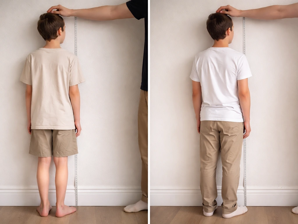 Side-by-side photos: child measured for growth vs adult height, simple room backgrounds, no text.