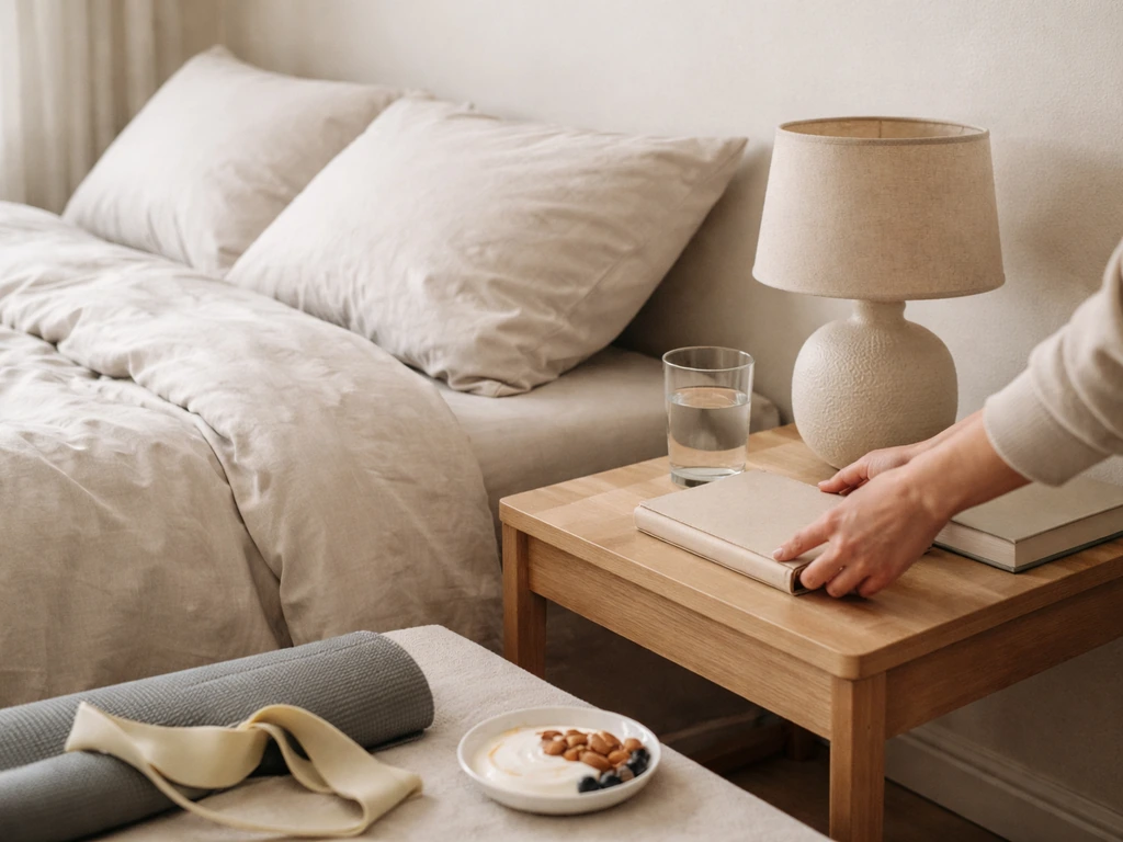 Calm bedroom sleep setup with yoga mat and simple healthy foods on a bedside table.