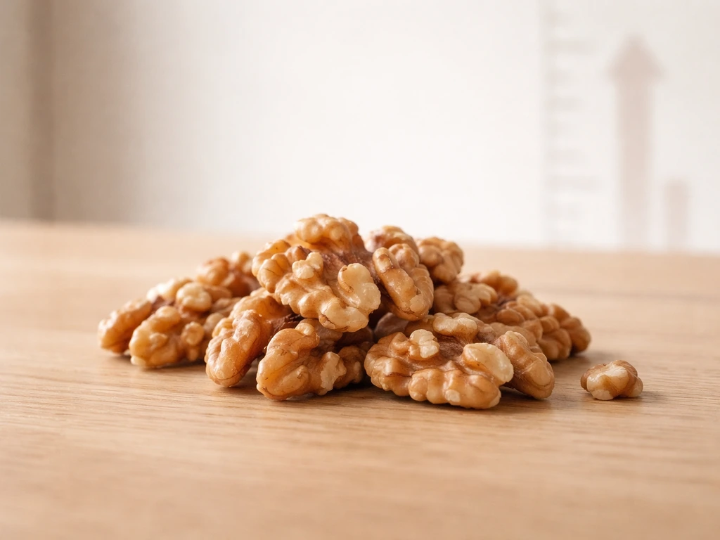 Close-up of walnuts on a light wood table with a subtle growth cue in the background.