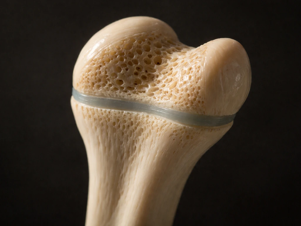 Close-up of an anatomical model showing an open epiphyseal growth plate at the end of a long bone.