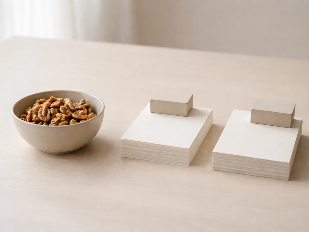 Walnuts in a bowl beside unlabeled paper and blocks suggesting “evidence needed,” with no text.