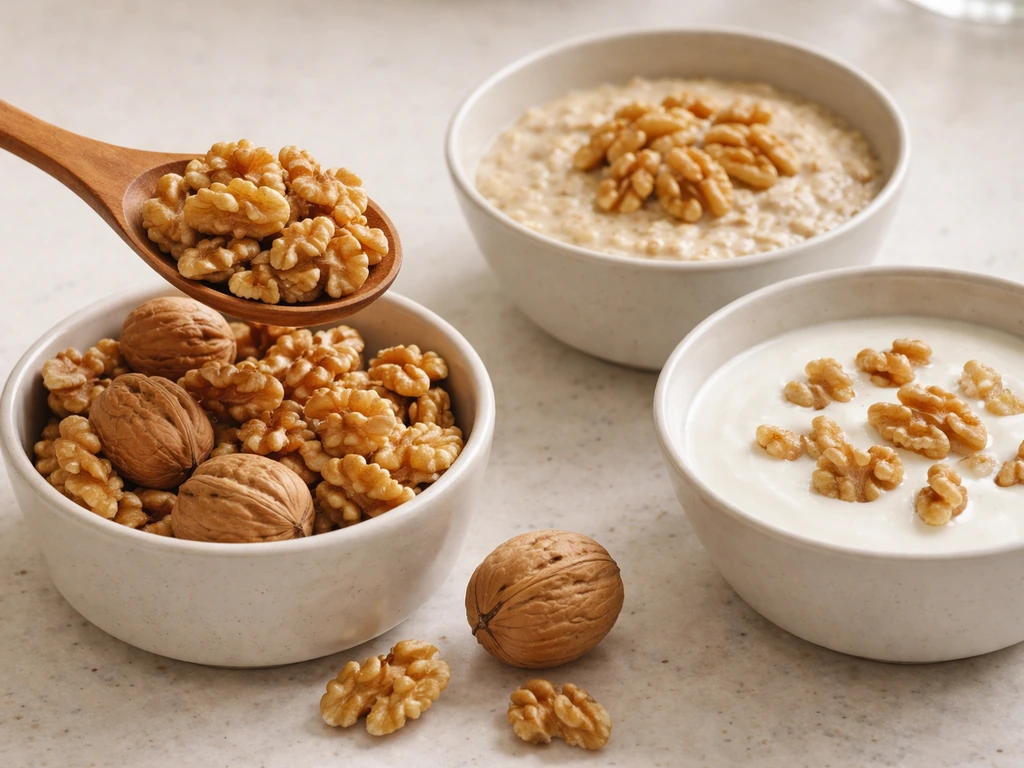 Small bowl of walnuts being portioned beside oatmeal and yogurt for an ounce-a-day serving.
