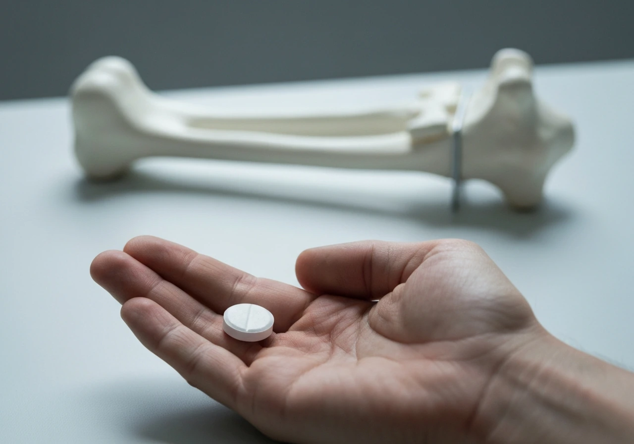 Hand holding a calcium tablet with a blurred bone model suggesting bone support, not increased height.