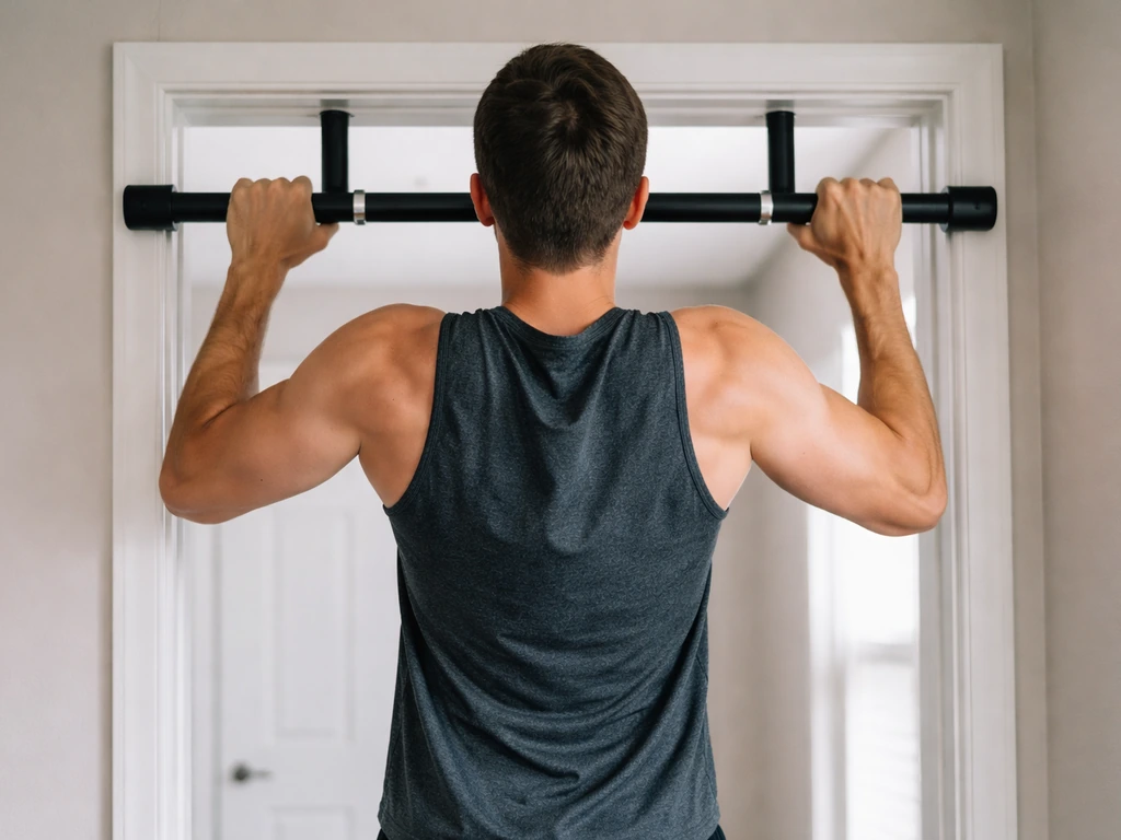 Anonymous person doing pull-ups on a bar in a simple home gym, emphasizing strong posture.