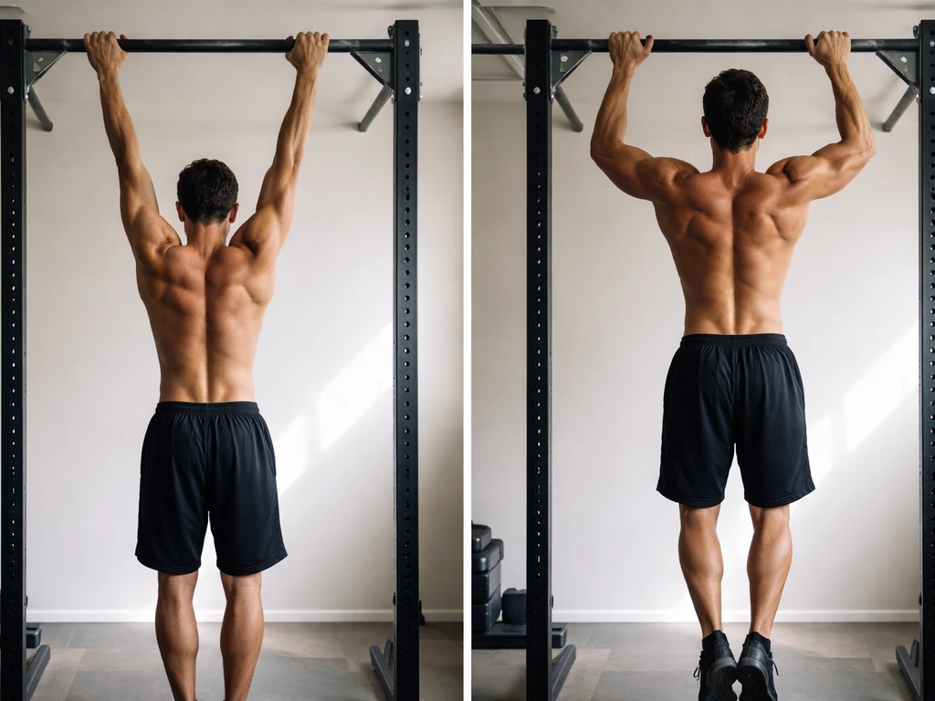 Two-panel photo: passive hang from a bar vs active pull-up showing tighter upper-back and shoulder blades.