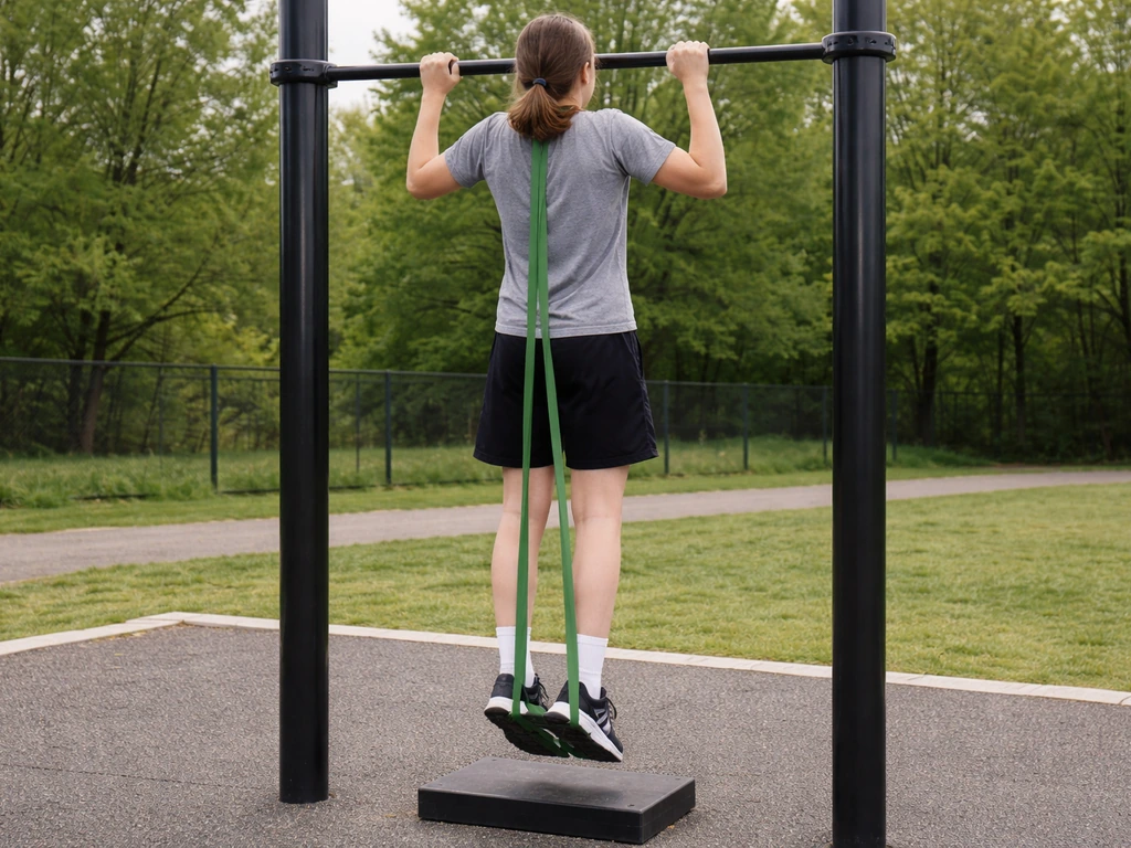 Teen using a band for assisted scapular pull-ups on an outdoor pull-up bar.