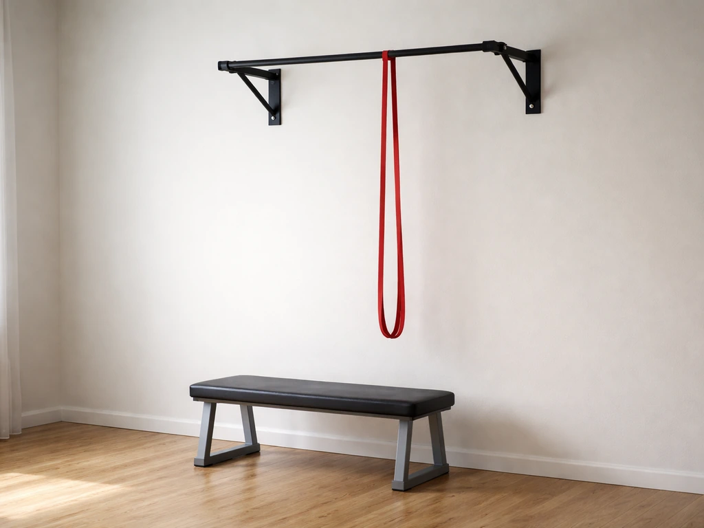 Minimal home gym setup with pull-up bar, resistance band, and a bench marker for form guidance.