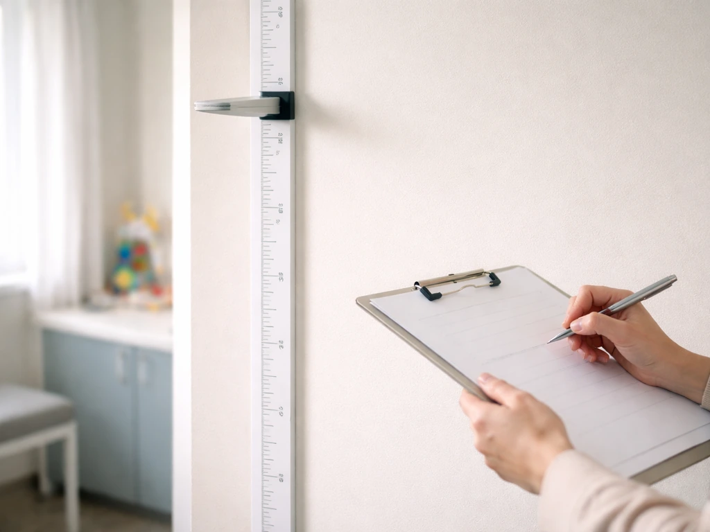 Clinician reviews a clipboard beside a height-measuring stadiometer in a minimal clinic room.