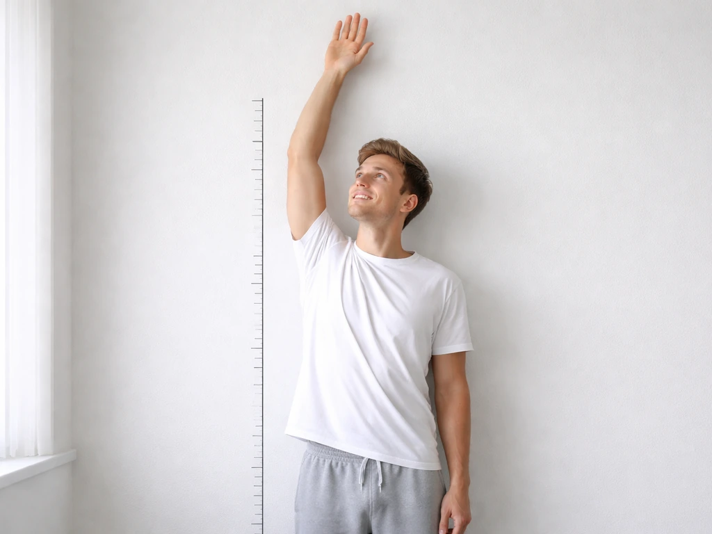 Young person stretching upward in a bright room next to a simple height measurement wall chart.