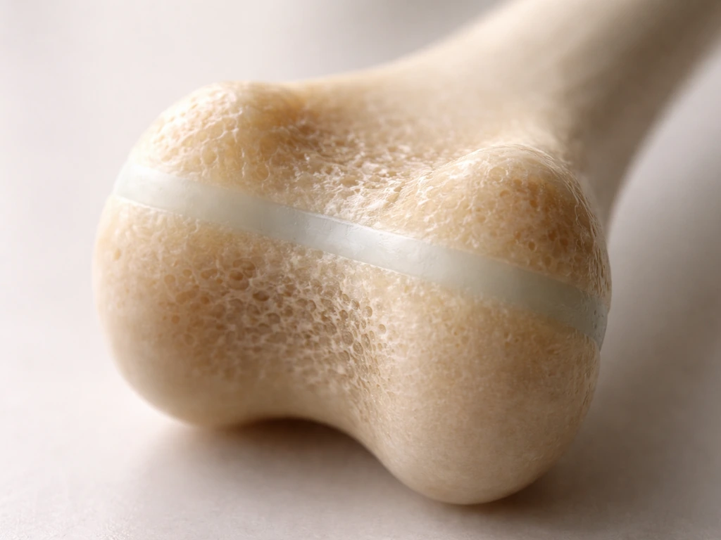 Close-up photo of a long bone end with an epiphyseal (growth) plate region highlighted by lighting