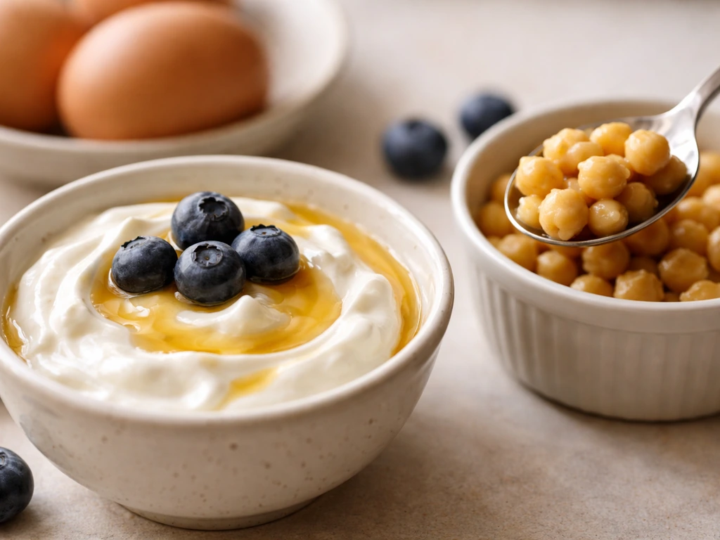 Close-up of Greek yogurt with berries, eggs, and chickpeas on a simple plate in natural light.