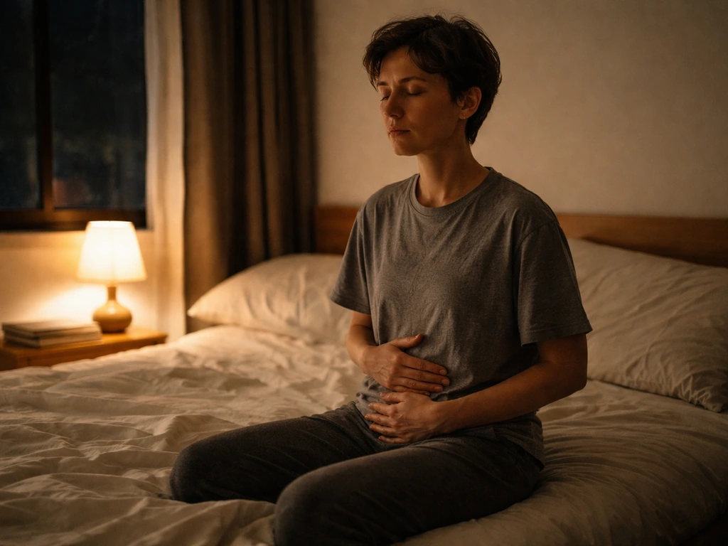 Dim bedside with an adult doing calm breathing in a quiet bedtime routine