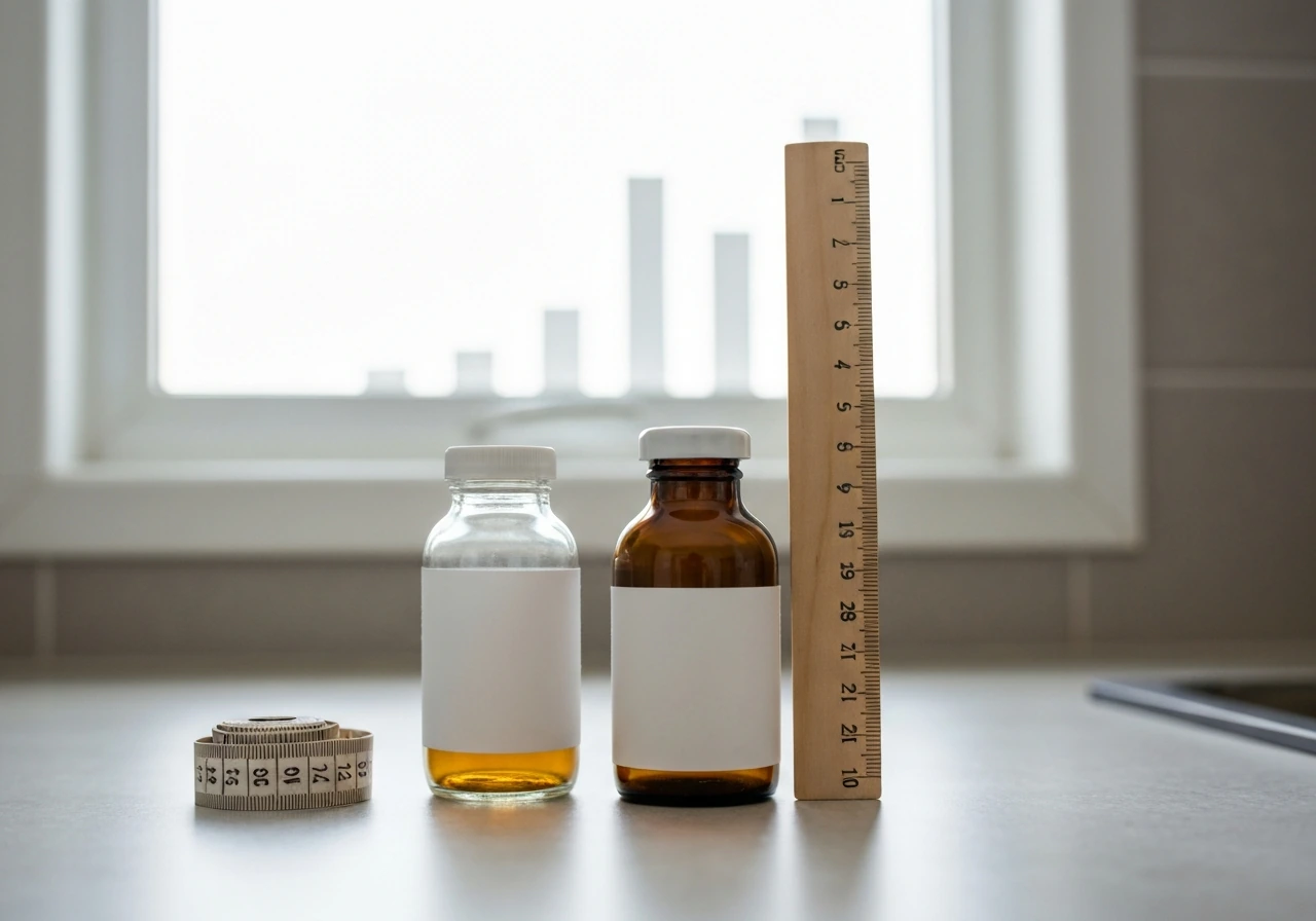 Niacin supplement bottle next to a ruler and measuring tape suggesting healthy growth.
