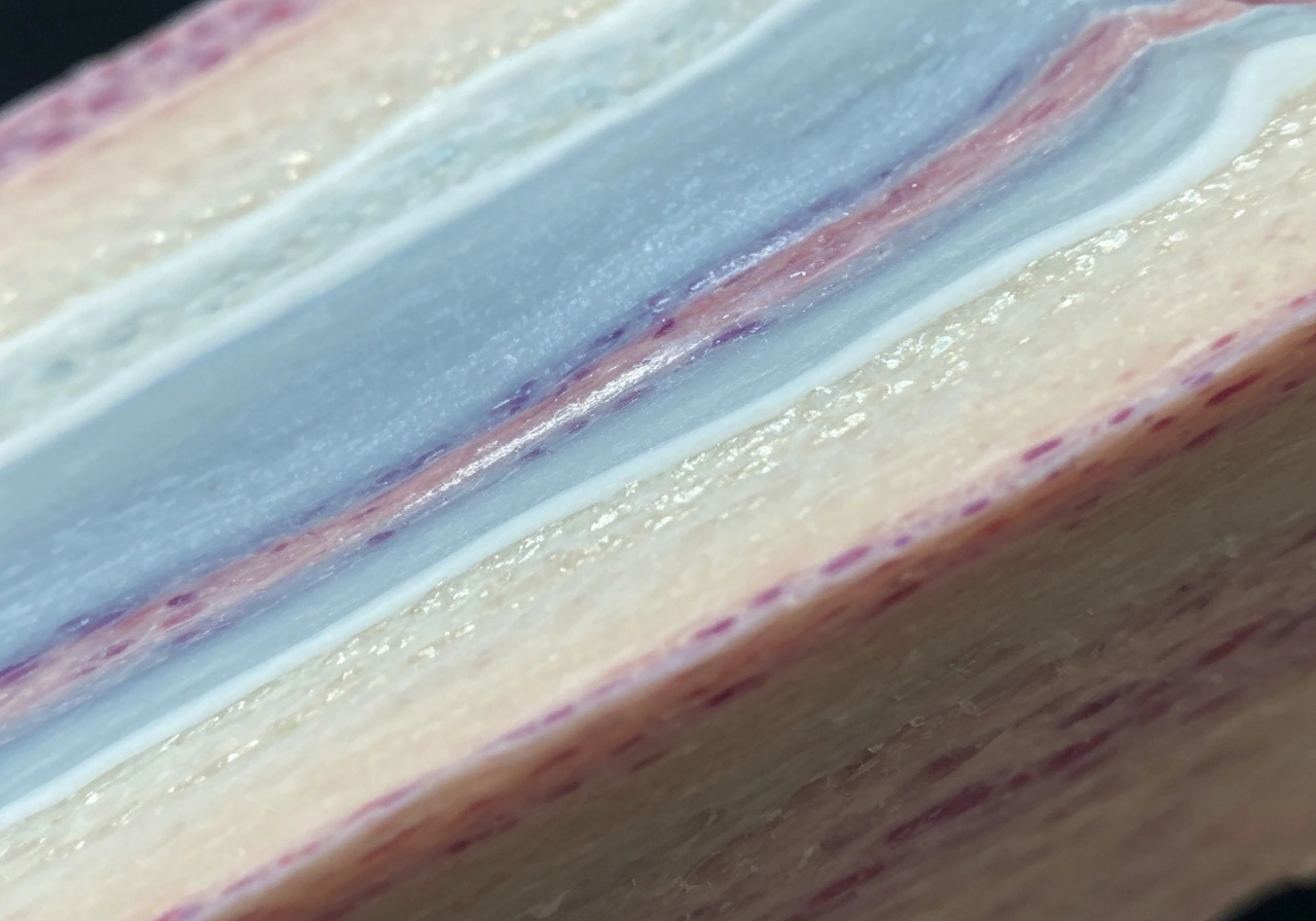 Macro view of a long-bone growth plate showing cartilage-to-bone transition during ossification.