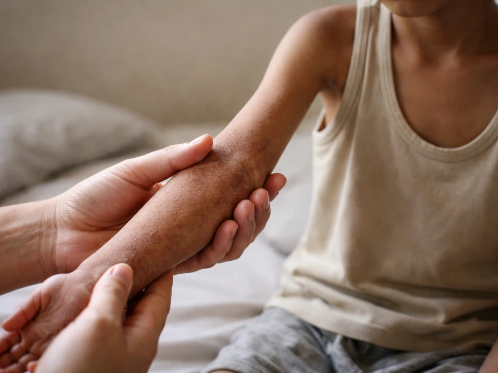 Caregiver gently examining a child’s arm with mild, non-graphic skin irritation in a simple rural room.