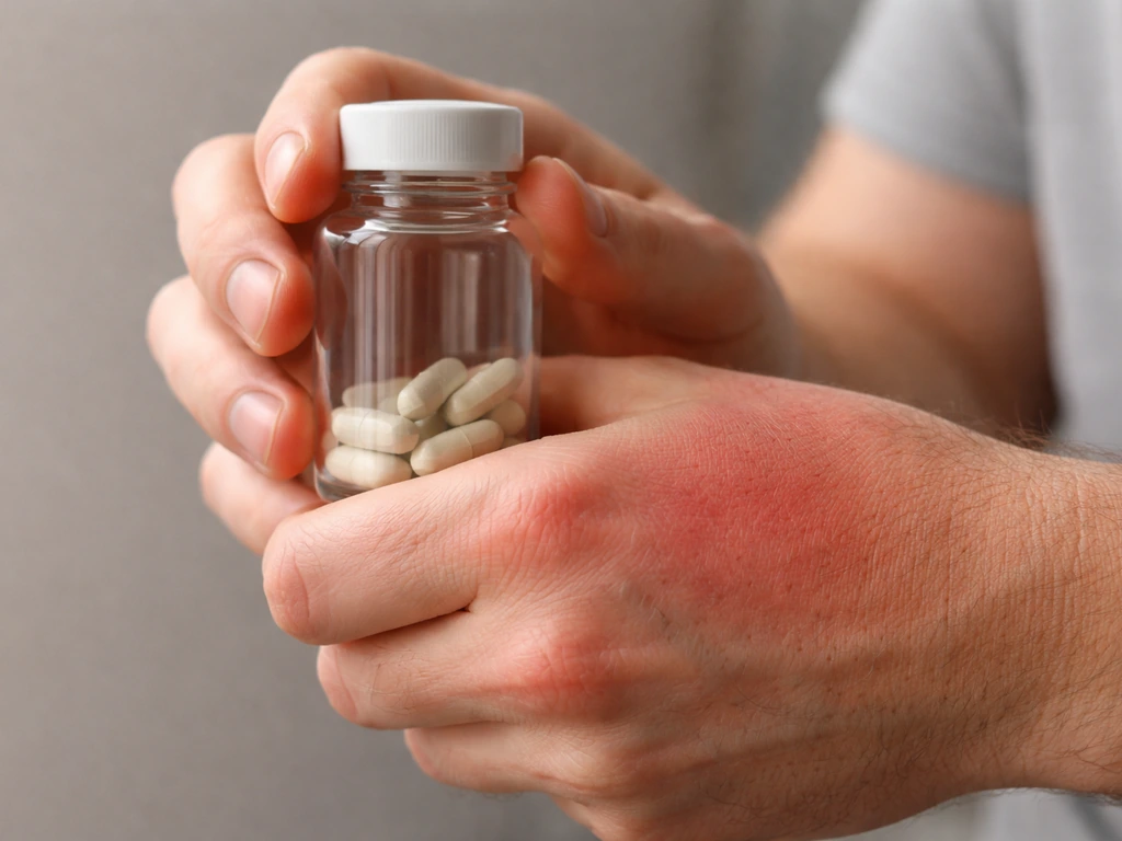 Close-up of hands with mild redness and a clear supplement bottle suggesting niacin flushing risk.