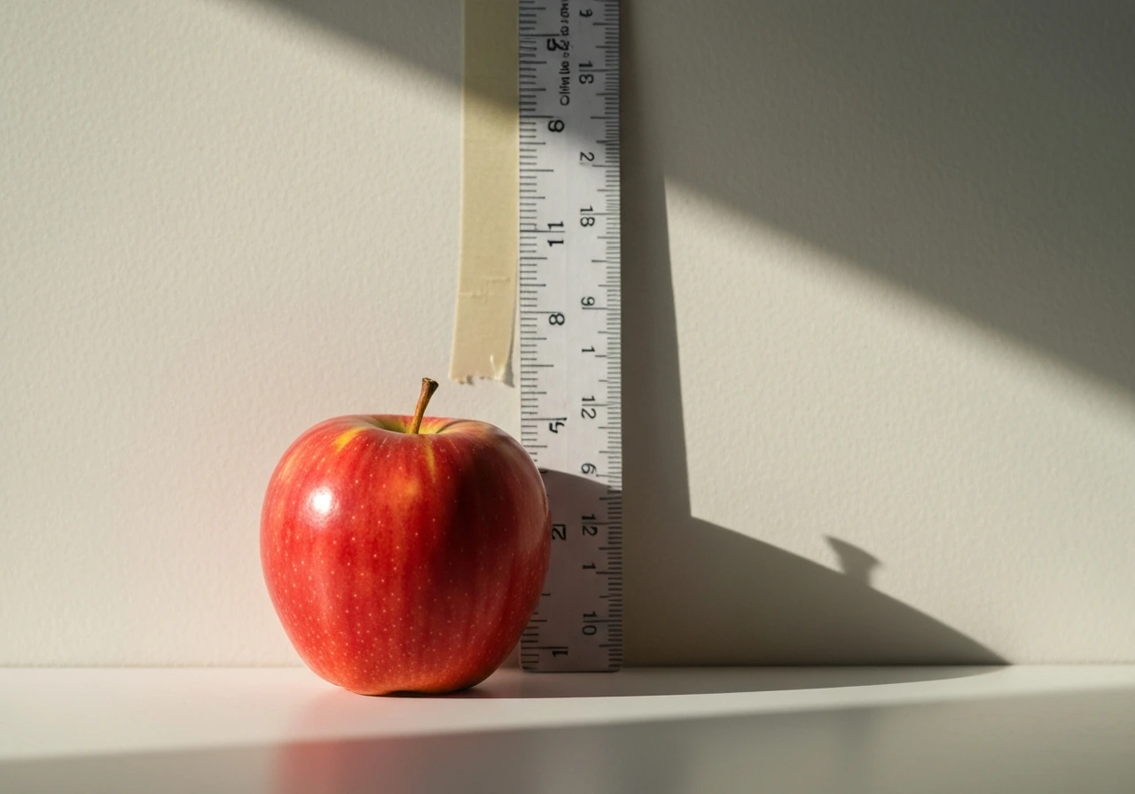 An apple beside a child height ruler on a wall, suggesting the link between apples and growing taller.