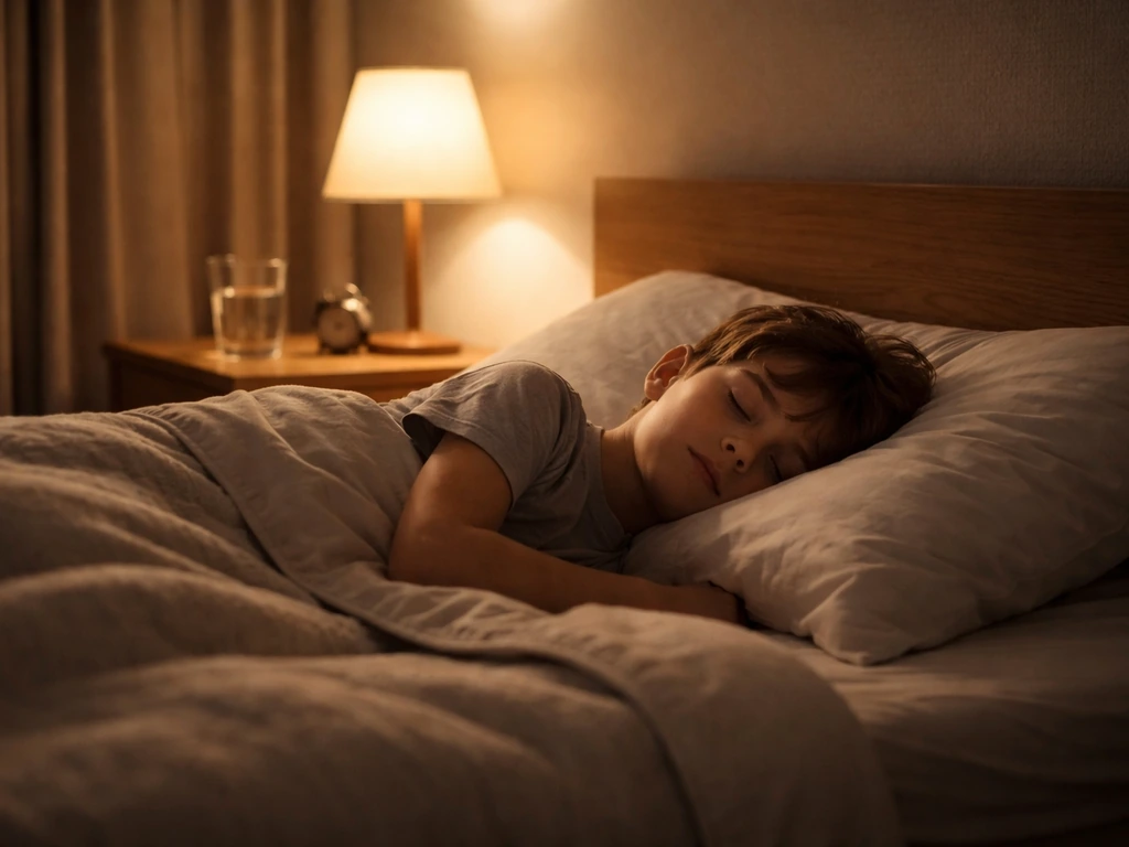 Warmly lit bedroom at night with a child sleeping peacefully, suggesting deep sleep.