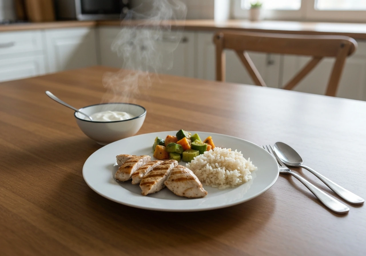 Minimal plate with lean protein and hearty sides, shown with serving portions to meet calorie and protein needs