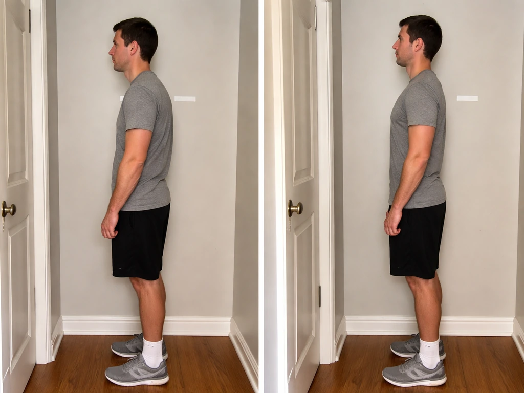 Adult in slouched vs upright posture positions against a plain wall, eye-level side view.