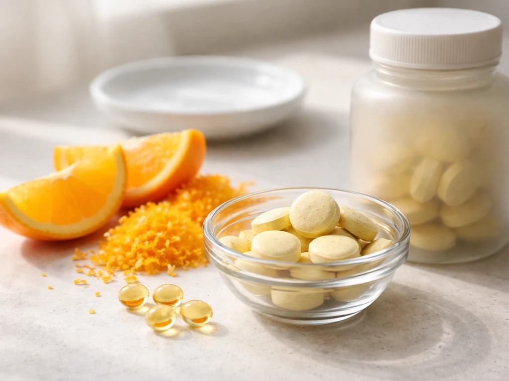 Close-up of daily vitamin/mineral tablets in a glass bowl with a frosted bottle and vitamin ingredient items.