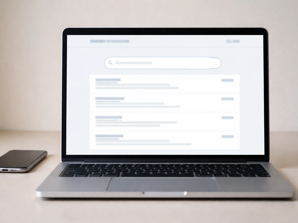 Laptop on a desk showing a clean portal page with a search bar and results list for supplement registration.