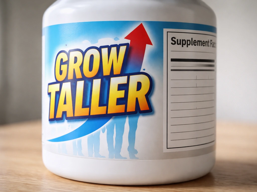 Close-up of a generic supplement label showing exaggerated height-claim area beside an ingredients panel.