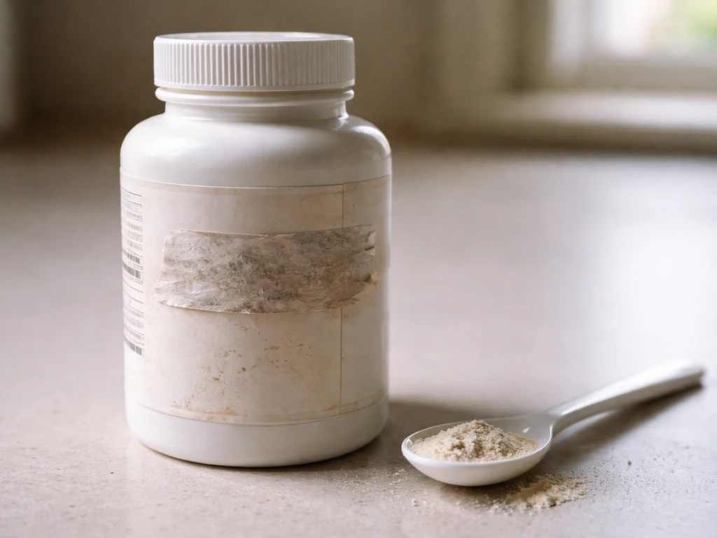 Close-up of suspicious supplement bottle with obscured ingredient list, suggesting hidden additives