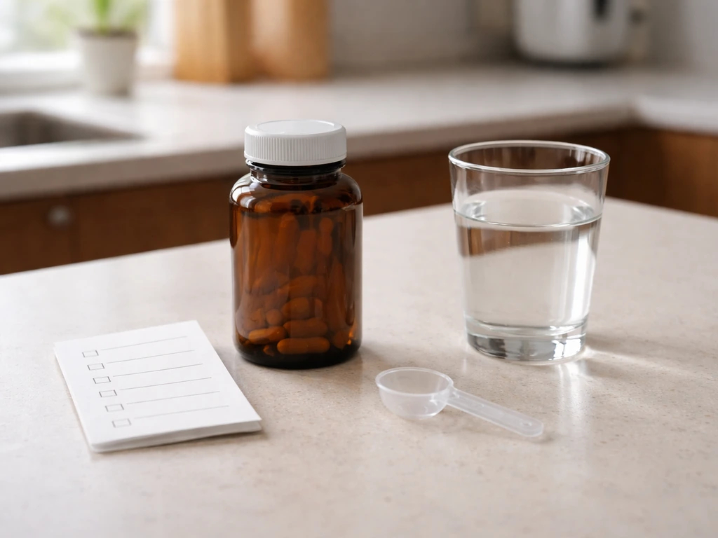 Supplement bottle on a kitchen counter beside a checklist, glass of water, and measuring spoon