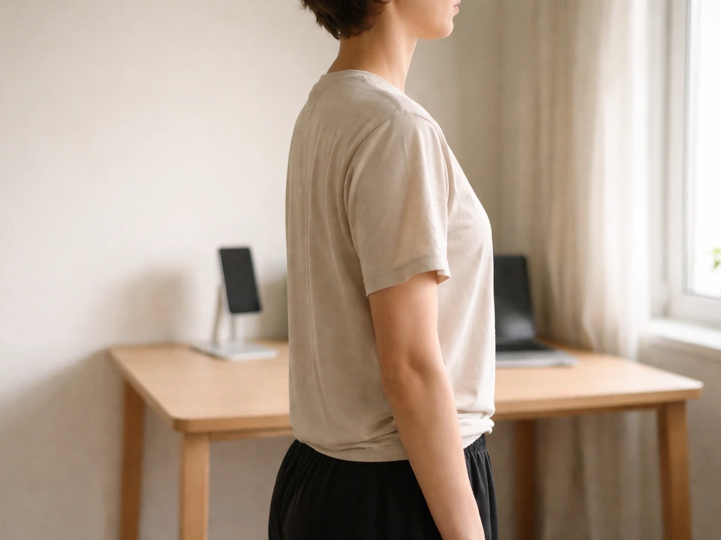 Person gently tucking chin back to correct forward-head posture at a desk with phone in the background.