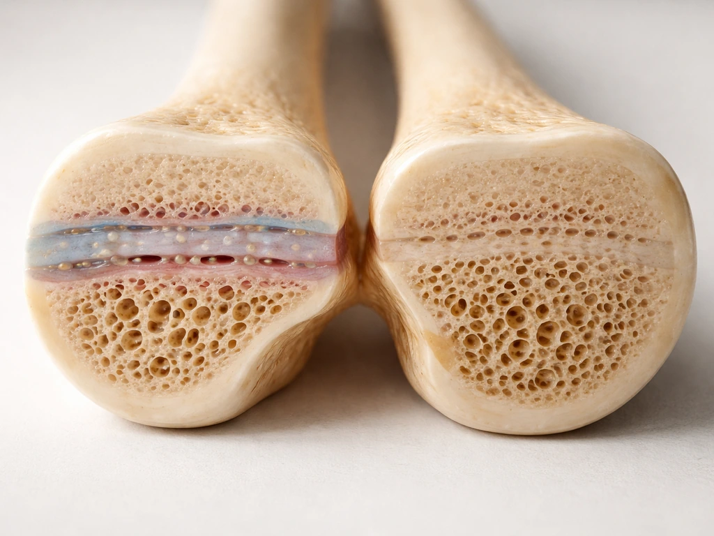 Close-up of a human-like growth plate cross-section showing open vs fused states in a minimal medical scene
