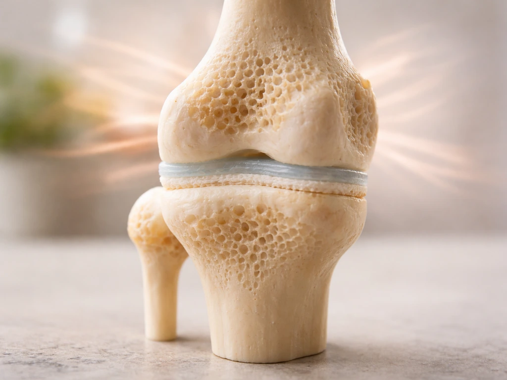 Close-up of a knee joint model highlighting the growth plate cartilage band and hormonal signaling glow.