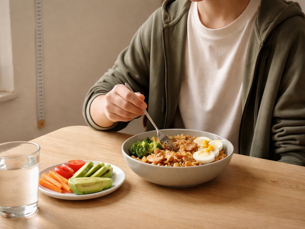 Teenager eating a protein-rich bowl at a kitchen table beside a height-measuring tape on a wall.