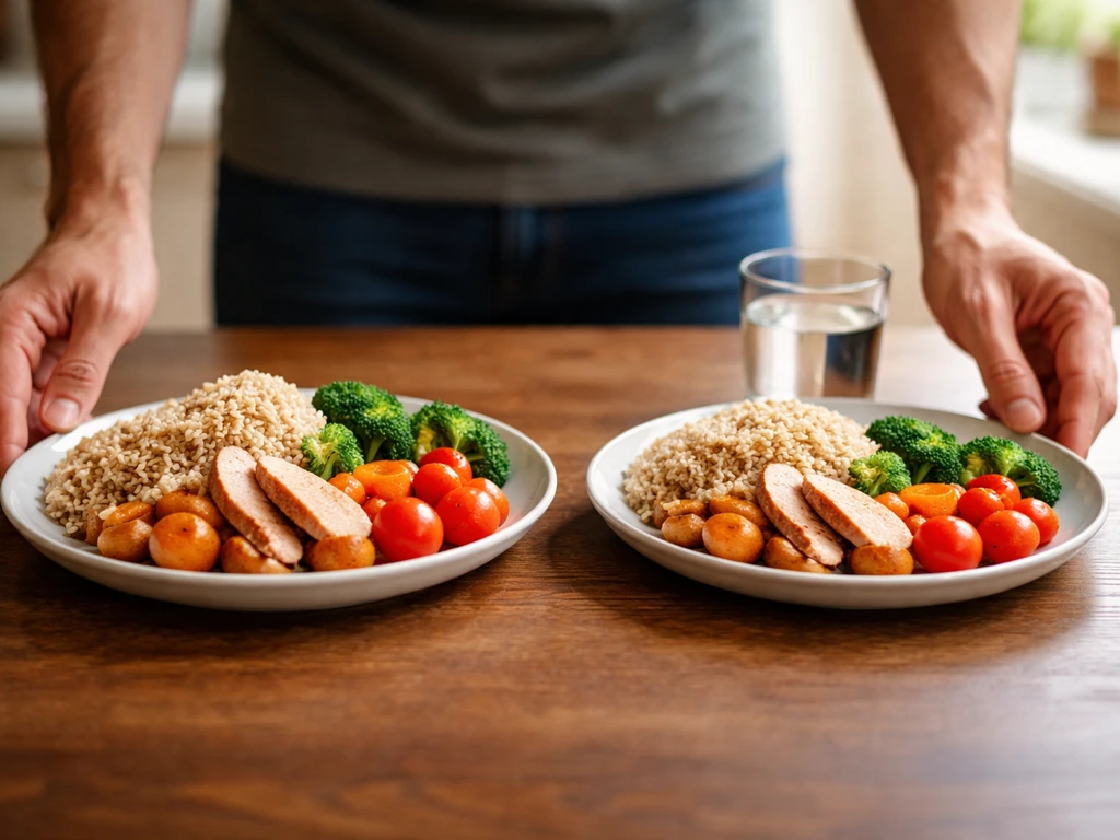 Two simple plates showing larger vs moderate portions, hinting overeating risks for weight and digestion