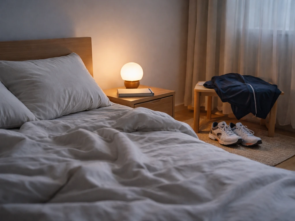 Minimal bedroom scene showing a bedtime setup beside running shoes and sports gear, suggesting sleep and activity.