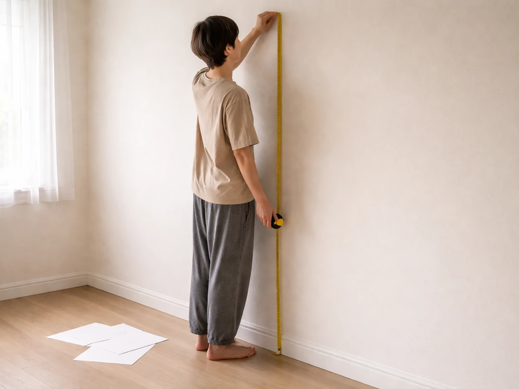 Person at home using a wall tape measure to measure height, checking growth chart