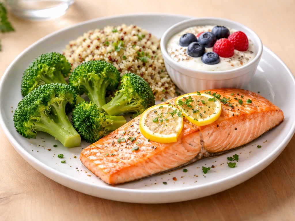 Close-up meal plate with salmon, quinoa, broccoli, and yogurt showing protein and micronutrient-rich foods.