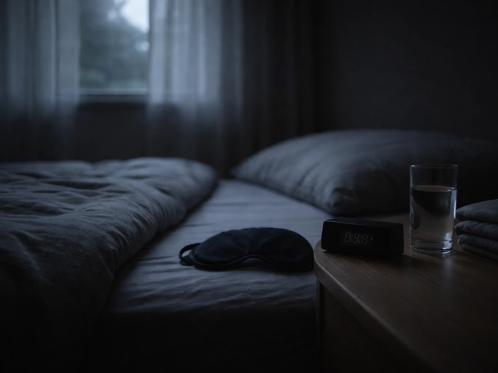Minimal dark bedroom at night with bedside lamp off, mask and clock showing time, calm sleep setup