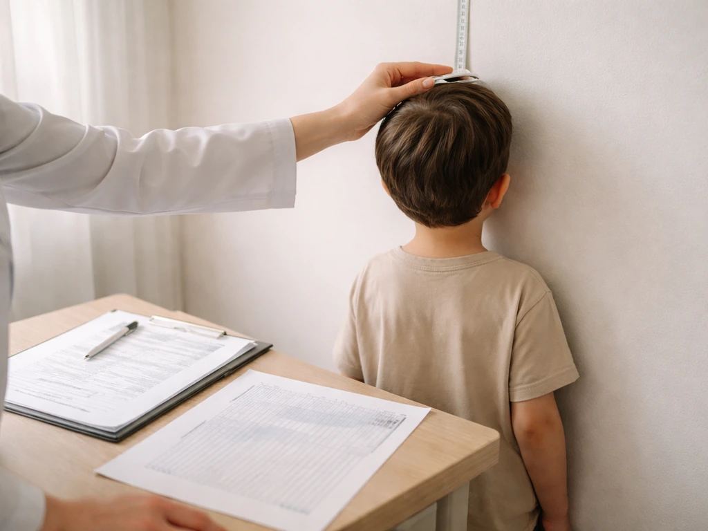 Clinician reviewing medical notes beside a growth chart while measuring a child’s height with a hand-held ruler.