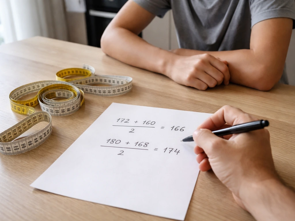 Hands at a kitchen table writing a simple height calculation on plain paper with measuring tapes